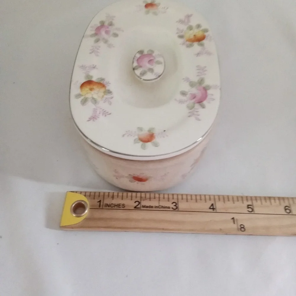 Vintage Floral Ceramic Trinket Box Oval Lidded Jewelry Case Pink Rose Silver Rim